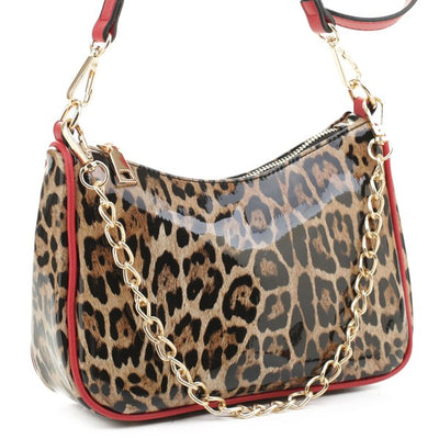 Glossy Leopard Chain Link Crossbody Satchel - Fashions Envy