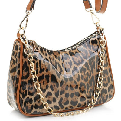 Glossy Leopard Chain Link Crossbody Satchel - Fashions Envy