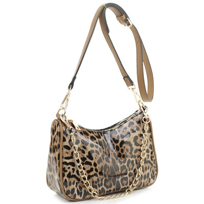 Glossy Leopard Chain Link Crossbody Satchel - Fashions Envy