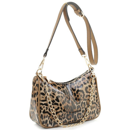 Glossy Leopard Chain Link Crossbody Satchel