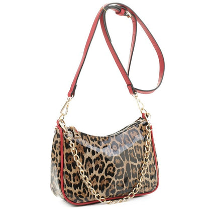 Glossy Leopard Chain Link Crossbody Satchel