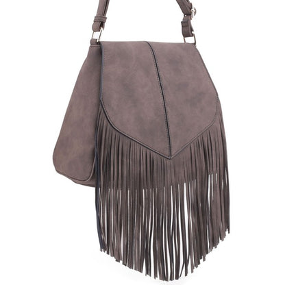 Faux Suede Fringe Flap Crossbody Bag