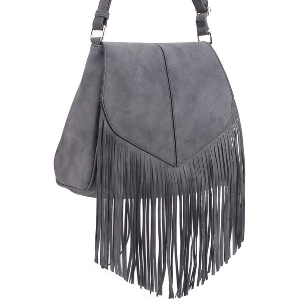 Faux Suede Fringe Flap Crossbody Bag