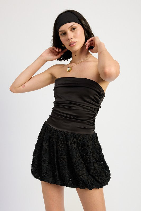 Black Ruched Bubble Tube Mini Dress