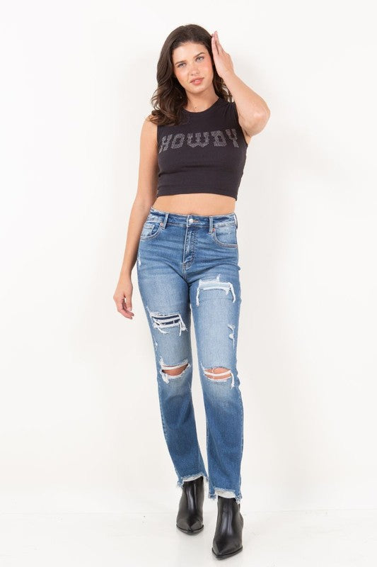 Mesh Tummy Control High Rise Straight Denim Jeans