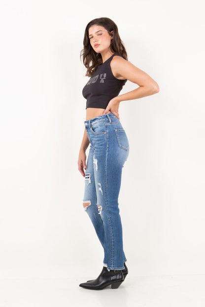 Mesh Tummy Control High Rise Straight Denim Jeans