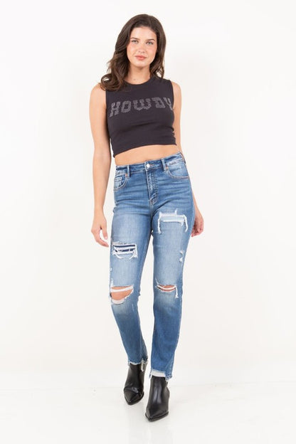 Mesh Tummy Control High Rise Straight Denim Jeans