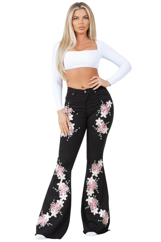 Rose Patch Angela Bell Bottom High Stretch Jeans