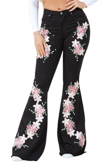 Rose Patch Angela Bell Bottom High Stretch Jeans