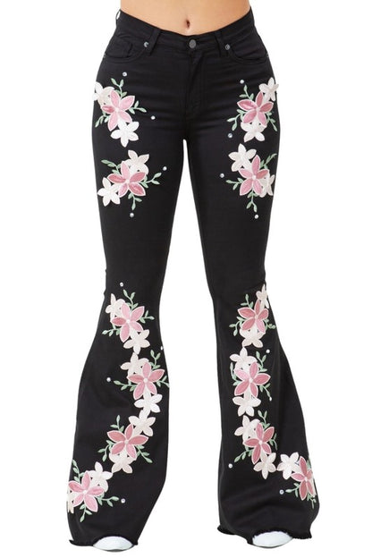 Rose Patch Angela Bell Bottom High Stretch Jeans