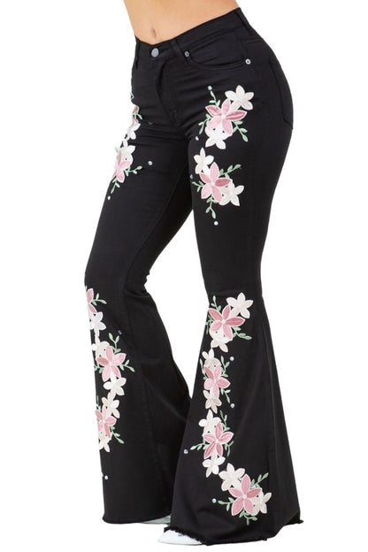 Rose Patch Angela Bell Bottom High Stretch Jeans