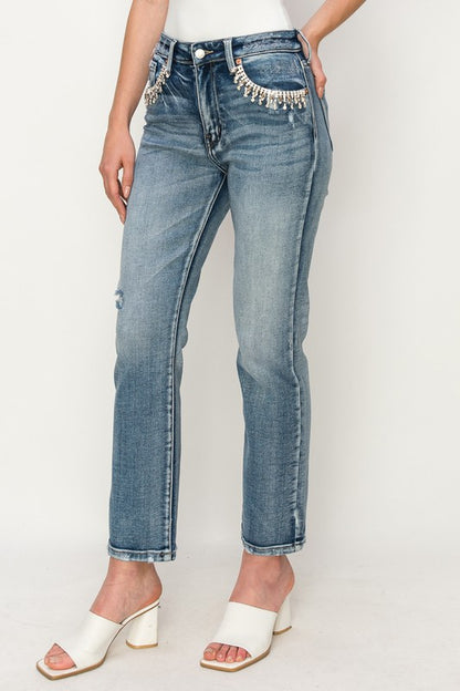 Crystal Embellished Crop Straight Stretch Denim Jeans