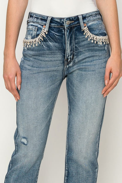 Crystal Embellished Crop Straight Stretch Denim Jeans