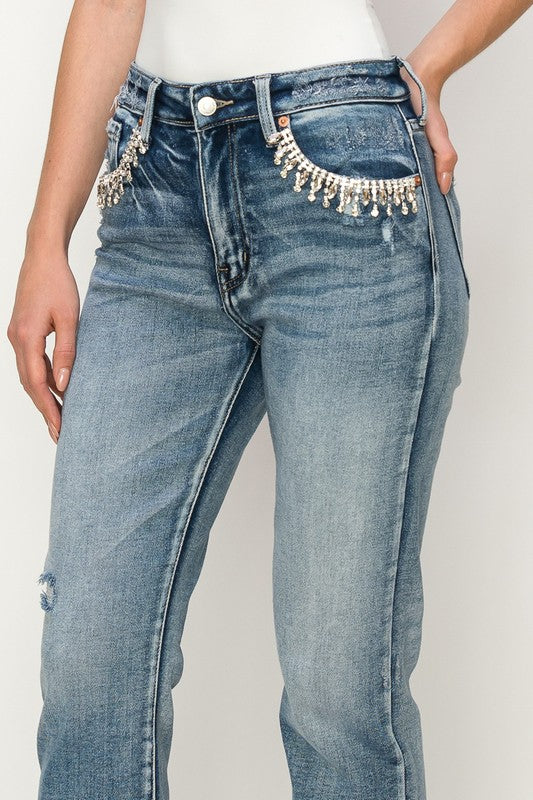 Crystal Embellished Crop Straight Stretch Denim Jeans