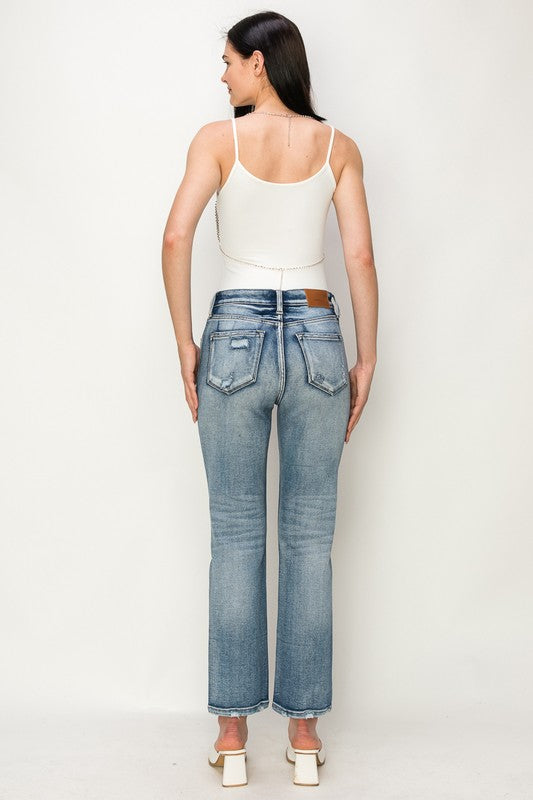 Crystal Embellished Crop Straight Stretch Denim Jeans