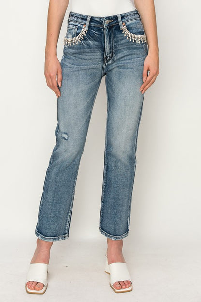 Crystal Embellished Crop Straight Stretch Denim Jeans