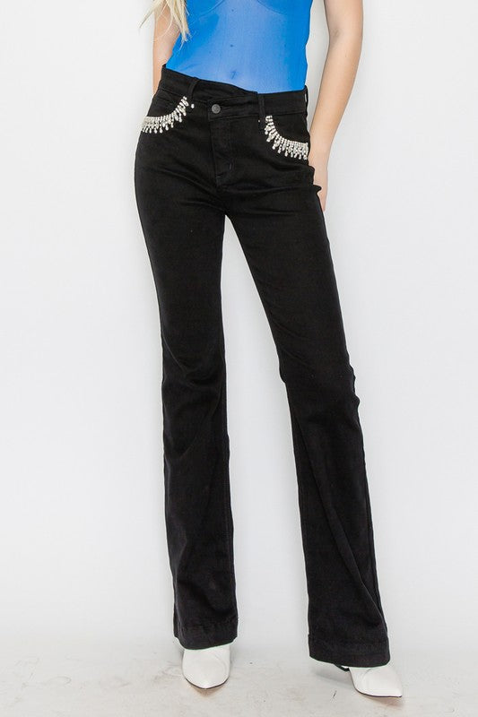 Embellished High Rise Cross Over Black Flare Jeans