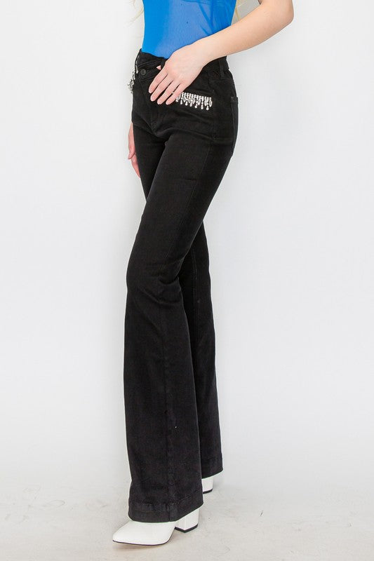 Embellished High Rise Cross Over Black Flare Jeans