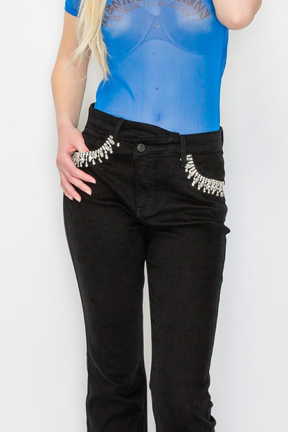 Embellished High Rise Cross Over Black Flare Jeans