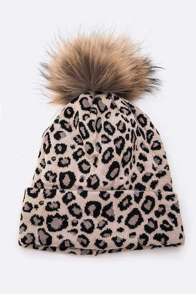 Genuine Fur Pom Soft Leopard Beanie