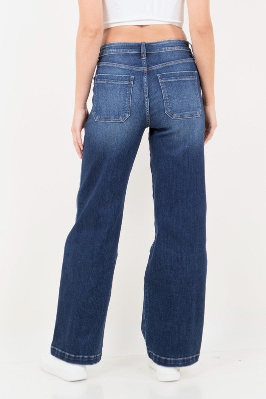 Thigh Patch Tummy Control High Rise Wide Leg Denim Jeans