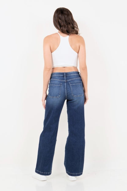 Thigh Patch Tummy Control High Rise Wide Leg Denim Jeans