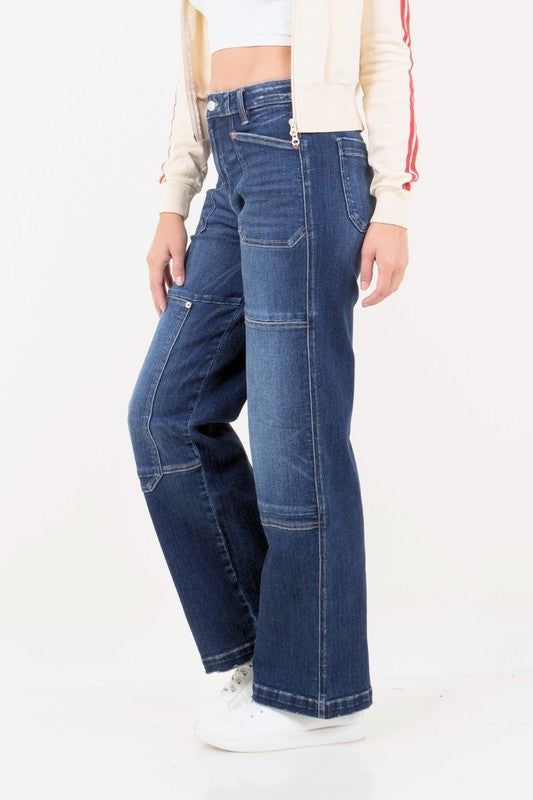 Thigh Patch Tummy Control High Rise Wide Leg Denim Jeans