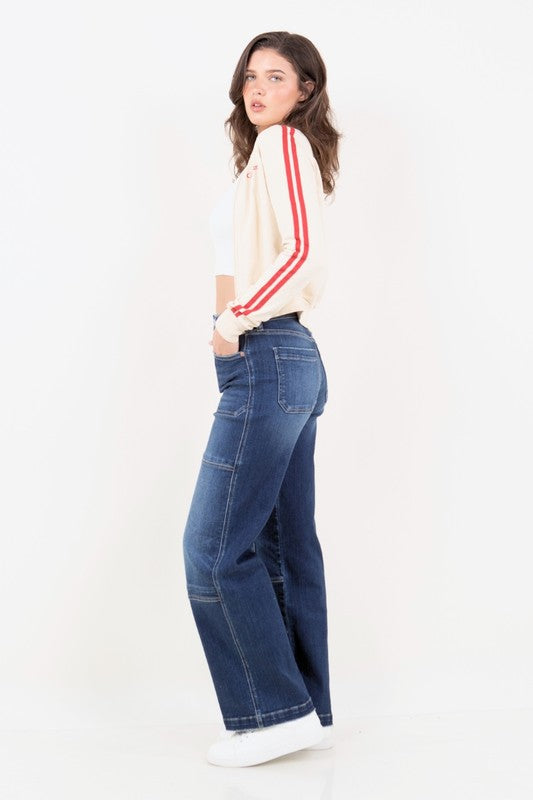 Thigh Patch Tummy Control High Rise Wide Leg Denim Jeans