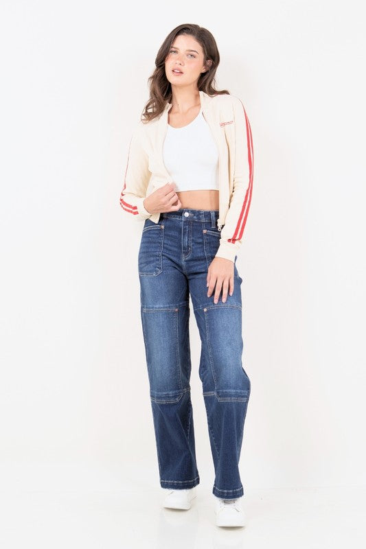 Thigh Patch Tummy Control High Rise Wide Leg Denim Jeans