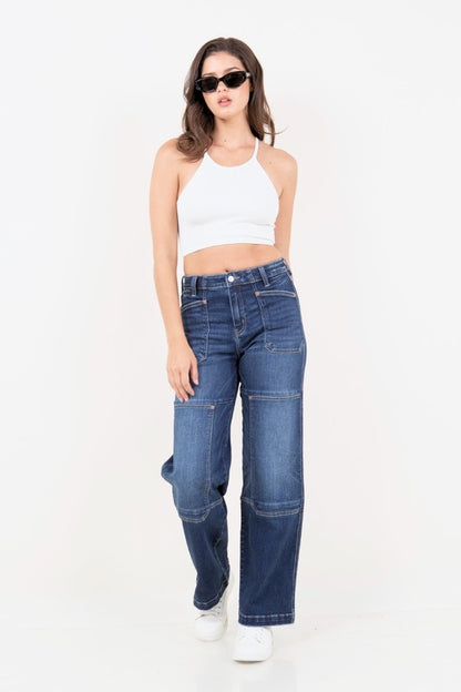 Thigh Patch Tummy Control High Rise Wide Leg Denim Jeans