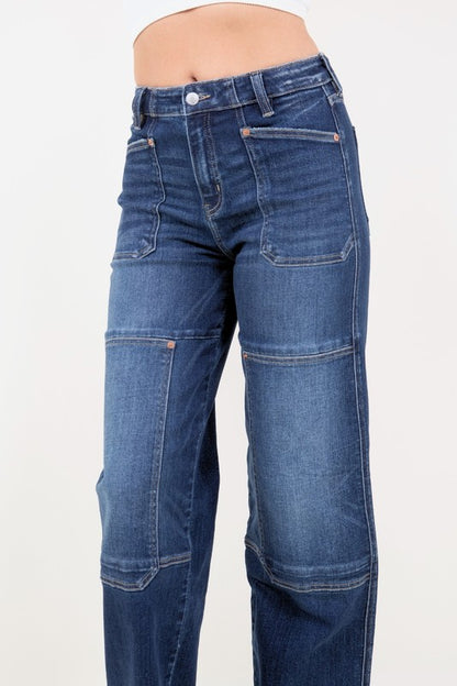 Thigh Patch Tummy Control High Rise Wide Leg Denim Jeans