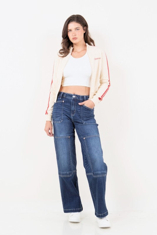 Thigh Patch Tummy Control High Rise Wide Leg Denim Jeans