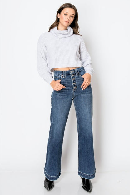 Exposed Button Stretch Tummy Control Wide Hem Jeans