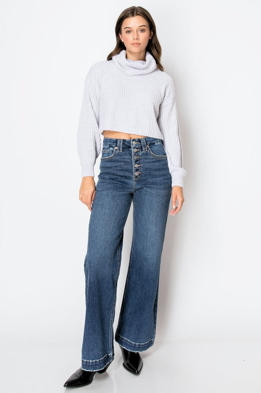 Exposed Button Stretch Tummy Control Wide Hem Jeans