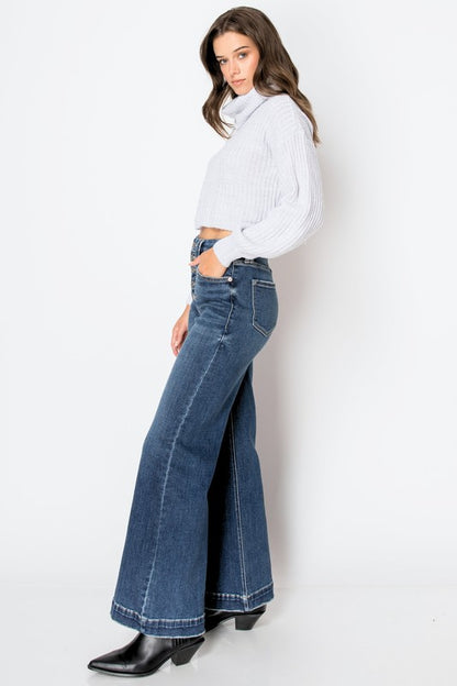 Exposed Button Stretch Tummy Control Wide Hem Jeans