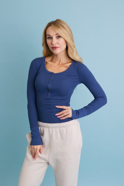 Cotton Long Sleeve Ribbed Henley Top with Buttons