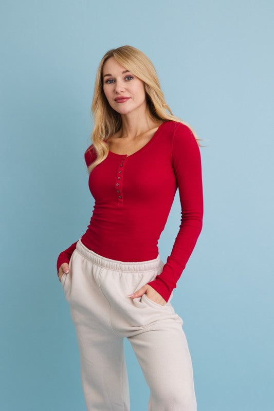 Cotton Long Sleeve Ribbed Henley Top with Buttons