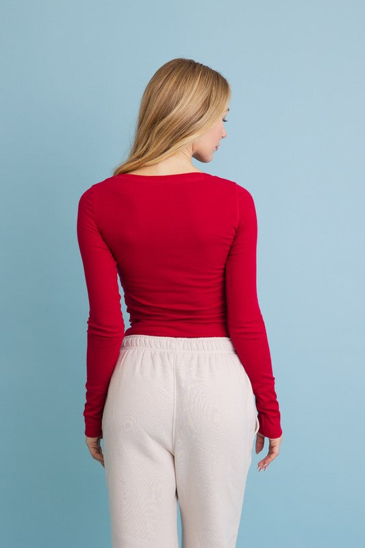 Cotton Long Sleeve Ribbed Henley Top with Buttons