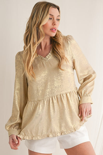 Metallic Frill V Neck Puff Sleeve Babydoll Blouse