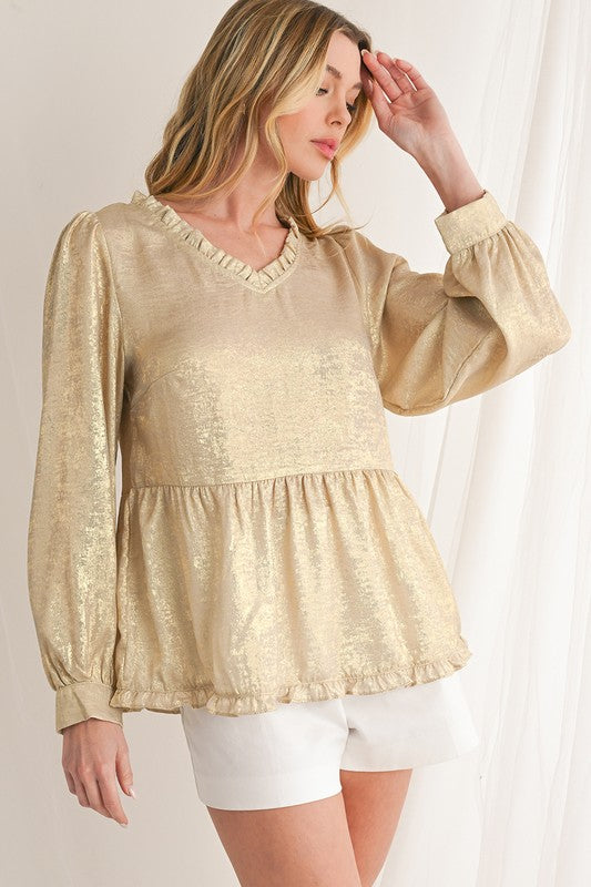 Metallic Frill V Neck Puff Sleeve Babydoll Blouse