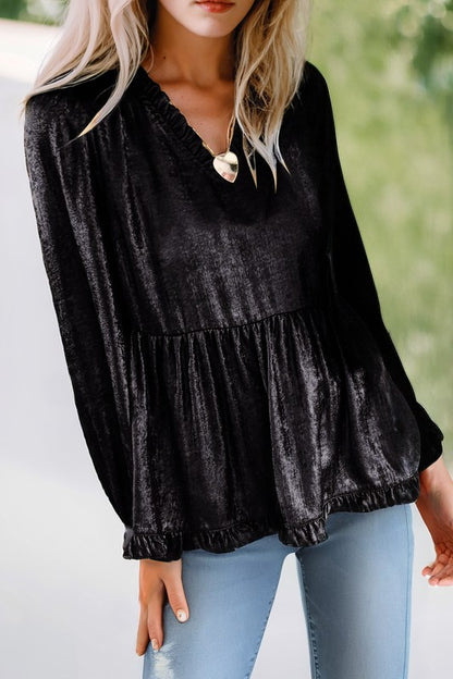 Metallic Frill V Neck Puff Sleeve Babydoll Blouse