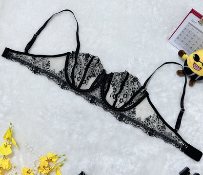 Floral Embroidery Mesh Lingerie Set - Sheer Patchwork - Fashions Envy