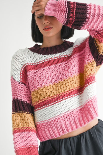 Mock Neck Striped Chunky Sweater