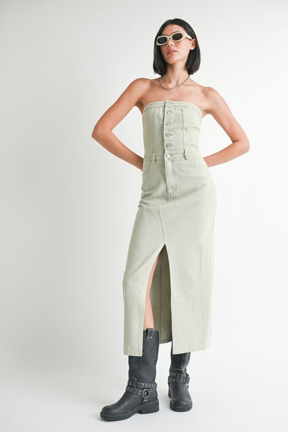 Button Up Tube Top Denim Midi Dress with Slit