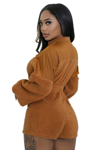 Brown Fuzzy Teddy Long Sleeve Romper