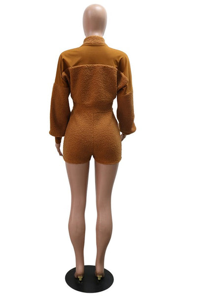 Brown Fuzzy Teddy Long Sleeve Romper