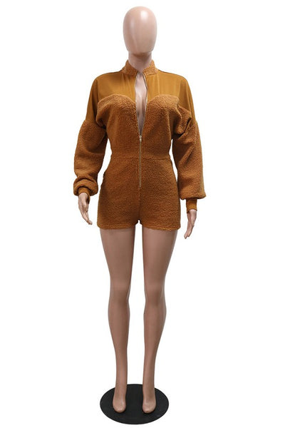 Brown Fuzzy Teddy Long Sleeve Romper
