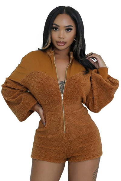 Brown Fuzzy Teddy Long Sleeve Romper