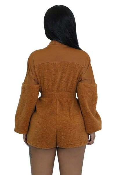 Brown Fuzzy Teddy Long Sleeve Romper