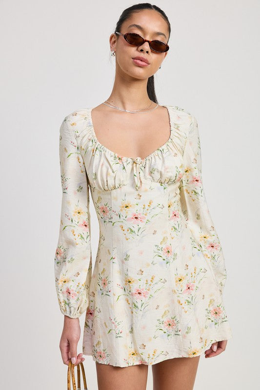 Floral Long Sleeve Sweetheart Neck Mini Dress
